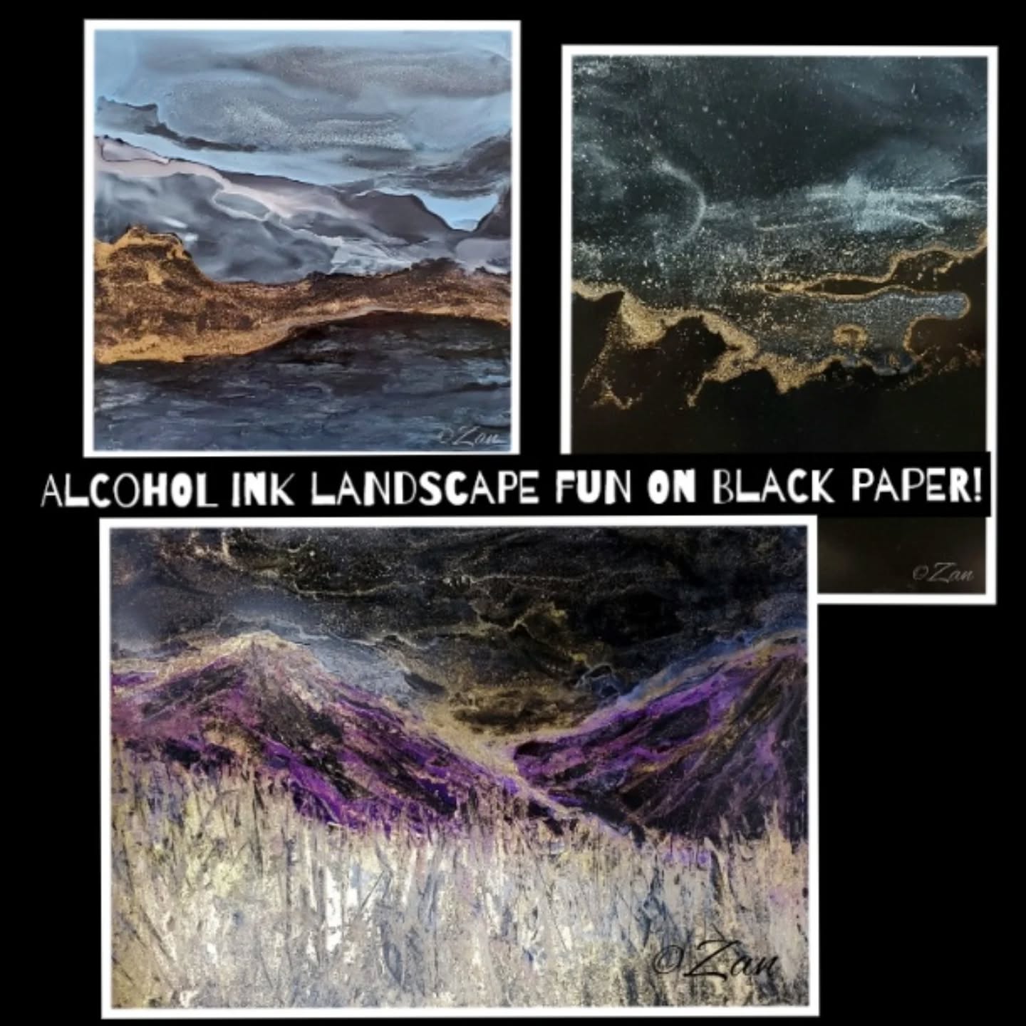 Playing around with my alcohol inks and Nara Black synthetic paper with abstract landscapes in mind 😁
Messy hands, Happy heart! Some things never change -It's so much fun to play 🥰
I'm  really looking forward to sharing my technique next week! I'd love for you to join me😉
Check out my class calendar here:
https://zanartclasses.com/calendar/
(there's a clickable link on my profile page)