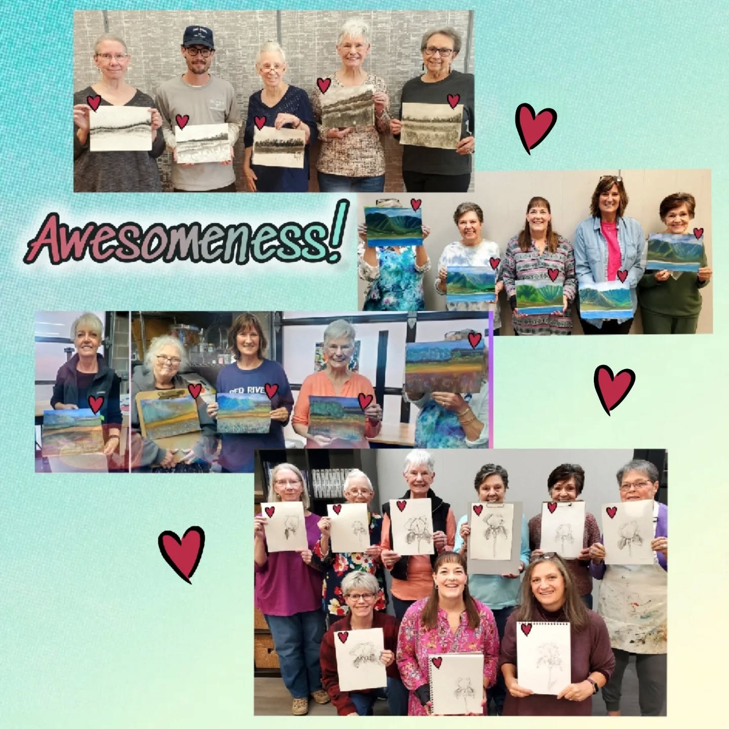 WOW! Check out the happy smiles & beautiful creations  from last week's classes at @HouseOfNeville  @ThomasPlaceCommunityCenter & @BetsyPriceCommunityCenter!  I love the welcoming art community we're building! 🥰 

We'd love for you to join us sometime!
Find out more here:
https://zanartclasses.com/calendar
(There's a clickable link on my profile page 

#unleashyourinnerartist #artlessons #nevertoolate #carveouttimeforart #artcommunity