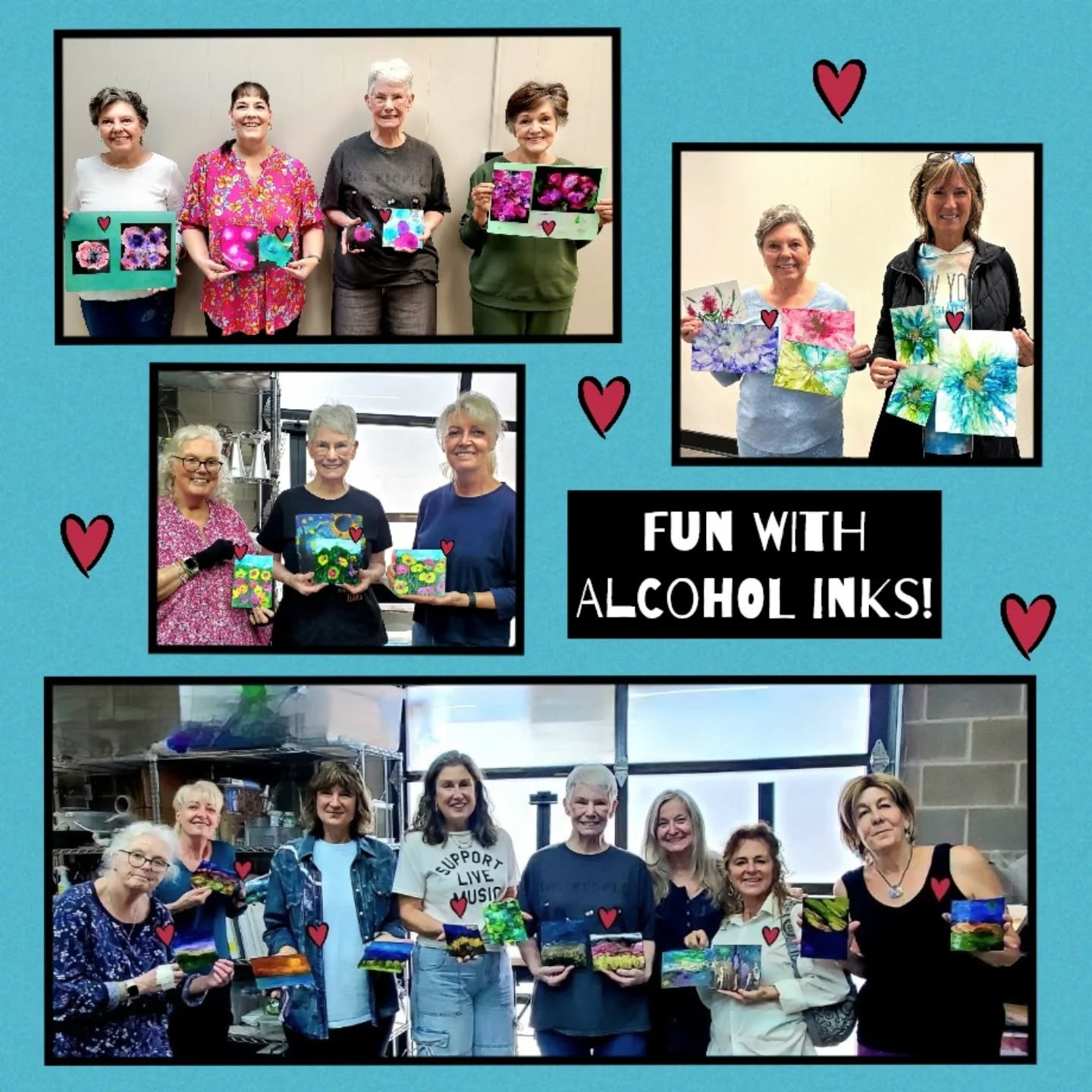WOW! Check out the happy smiles & beautiful creations  from recent alcohol ink classes at @HouseOfNeville  @ThomasPlaceCommunityCenter & @BetsyPriceCommunityCenter!  I love the welcoming art community we're building! 🥰 

We'd love for you to join us sometime!
Find out more here:
https://zanartclasses.com/calendar
(There's a clickable link on my profile page 

#unleashyourinnerartist #artlessons #alcoholink #carveouttimeforart #artcommunity